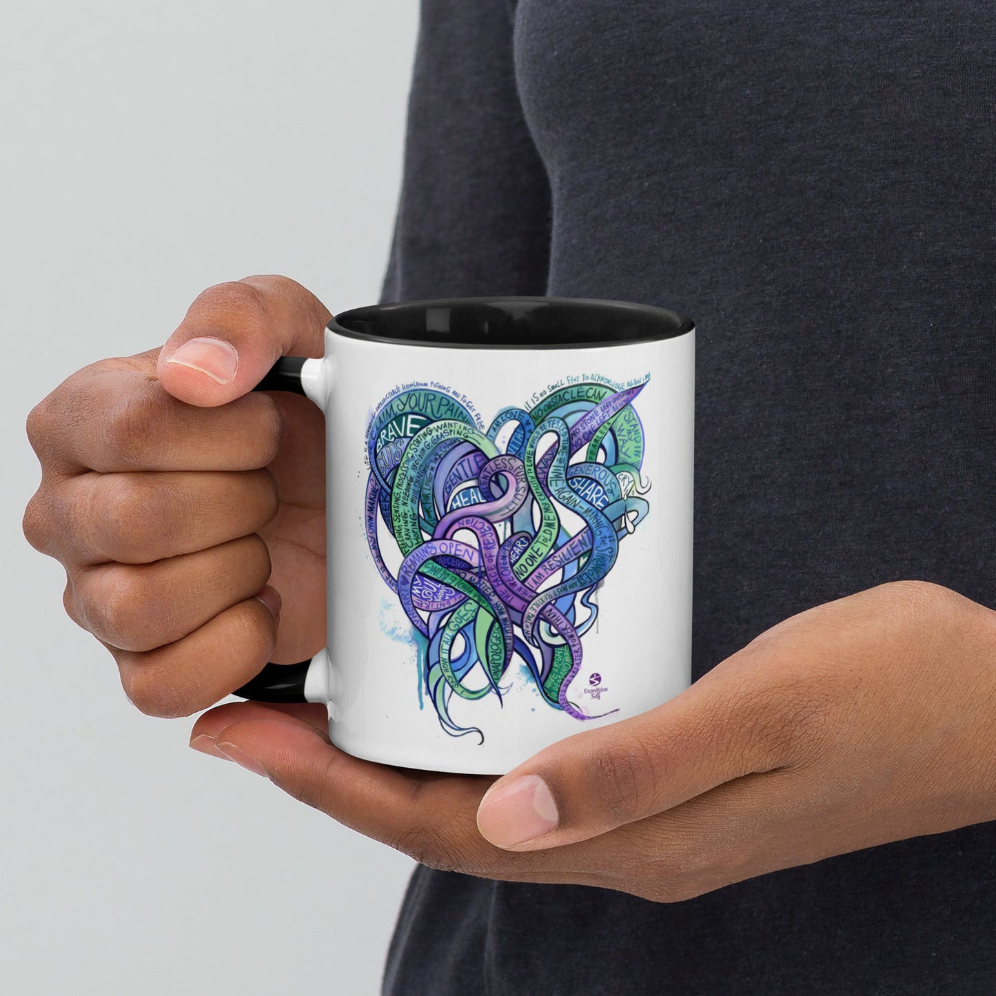 Heart Tendrils Mug with Color Inside (blues & greens)