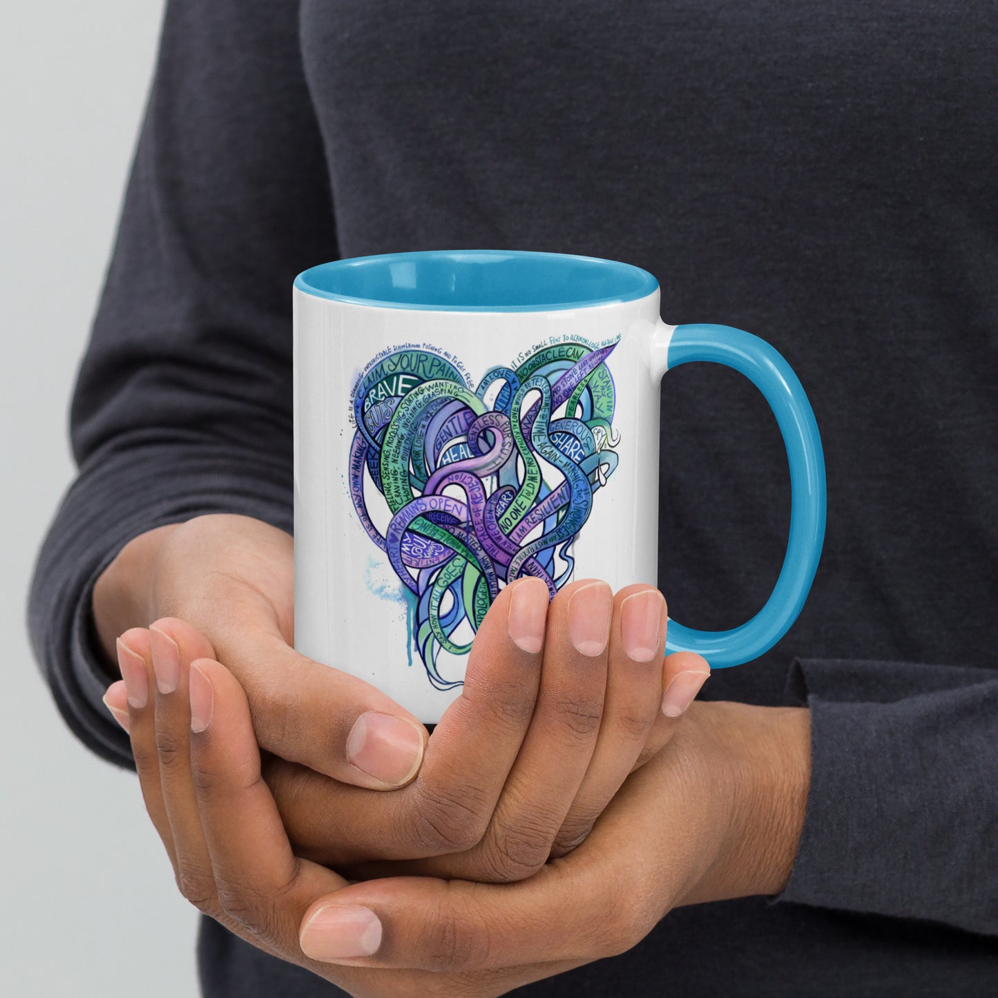 Heart Tendrils Mug with Color Inside (blues & greens)