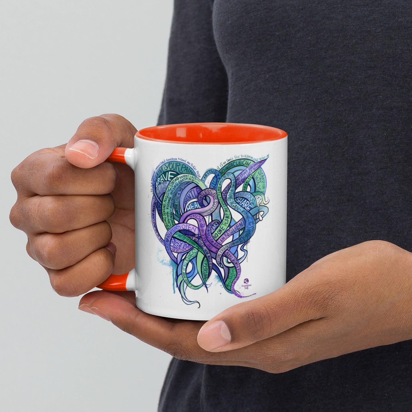 Heart Tendrils Mug with Color Inside (blues & greens)