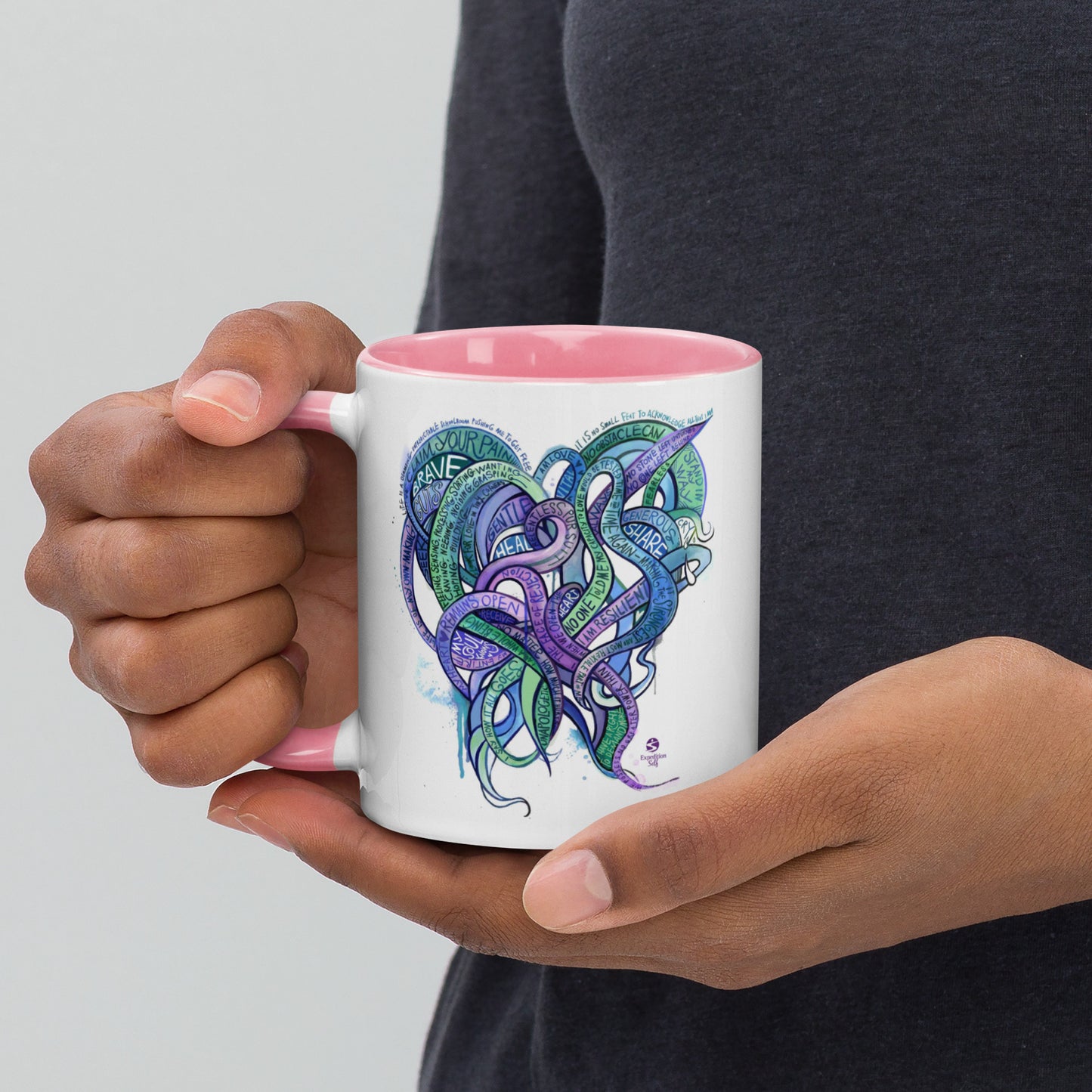 Heart Tendrils Mug with Color Inside (blues & greens)