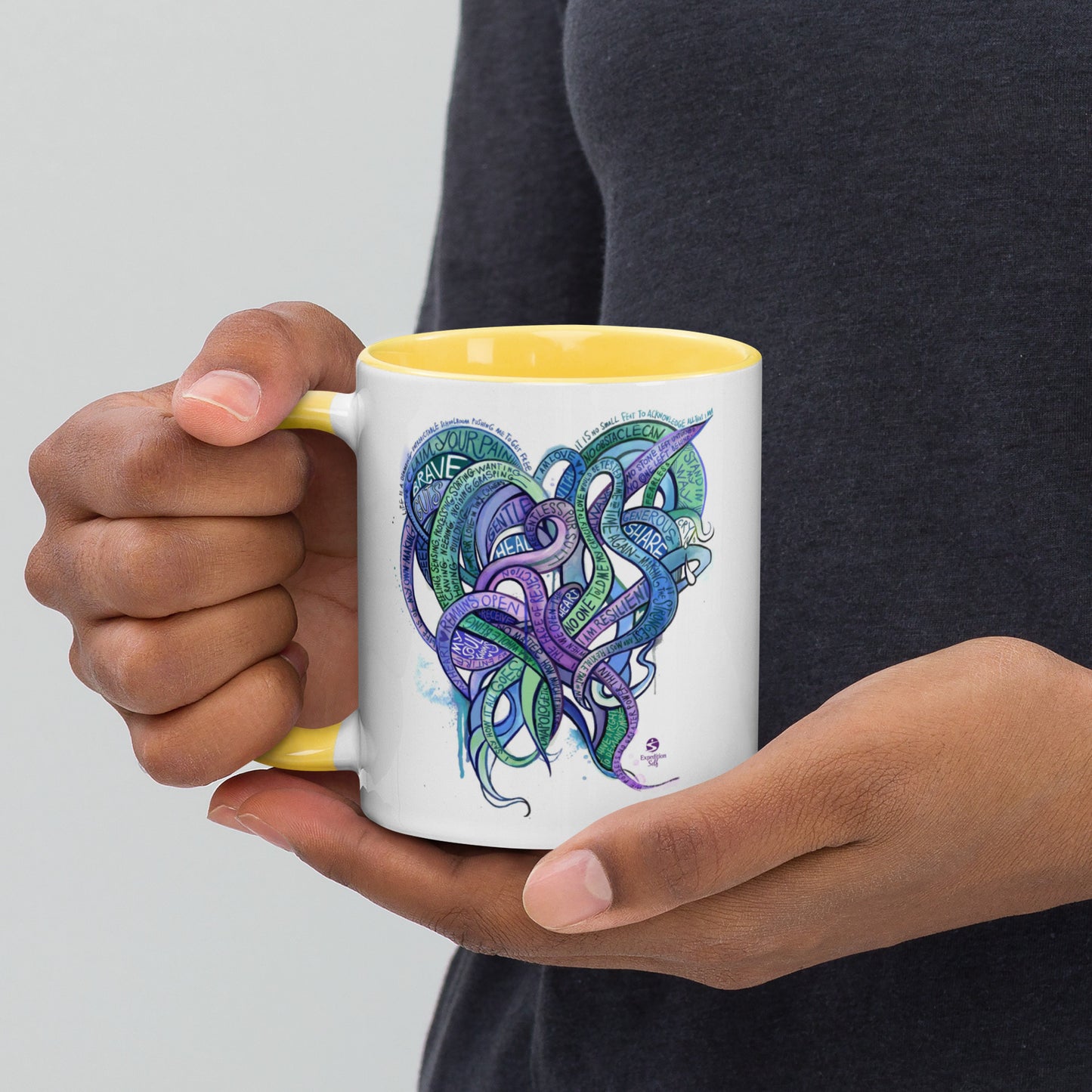 Heart Tendrils Mug with Color Inside (blues & greens)